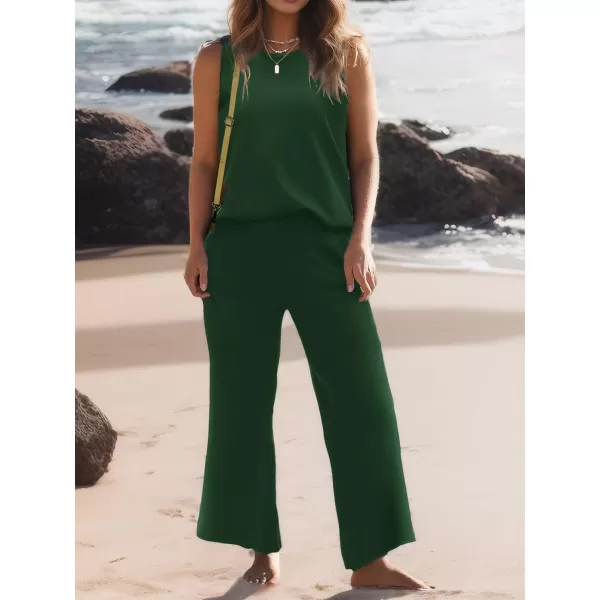 SuperPrity Two Piece Outfits for Women Summer Lounge Set Sleeveless Knit Tank Tops and Wide Leg Pants Sweater Set SweatsuitDark Green