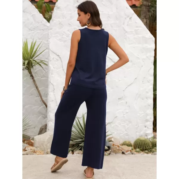 SuperPrity Two Piece Outfits for Women Summer Lounge Set Sleeveless Knit Tank Tops and Wide Leg Pants Sweater Set SweatsuitNavy Blue