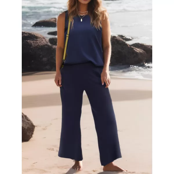 SuperPrity Two Piece Outfits for Women Summer Lounge Set Sleeveless Knit Tank Tops and Wide Leg Pants Sweater Set SweatsuitNavy Blue