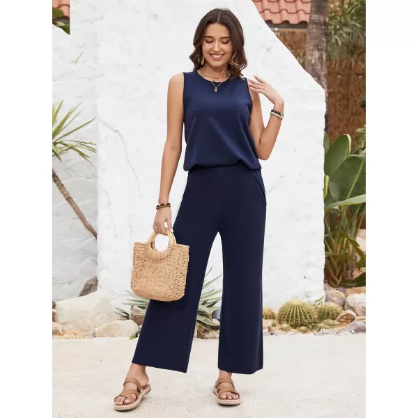 SuperPrity Two Piece Outfits for Women Summer Lounge Set Sleeveless Knit Tank Tops and Wide Leg Pants Sweater Set SweatsuitNavy Blue