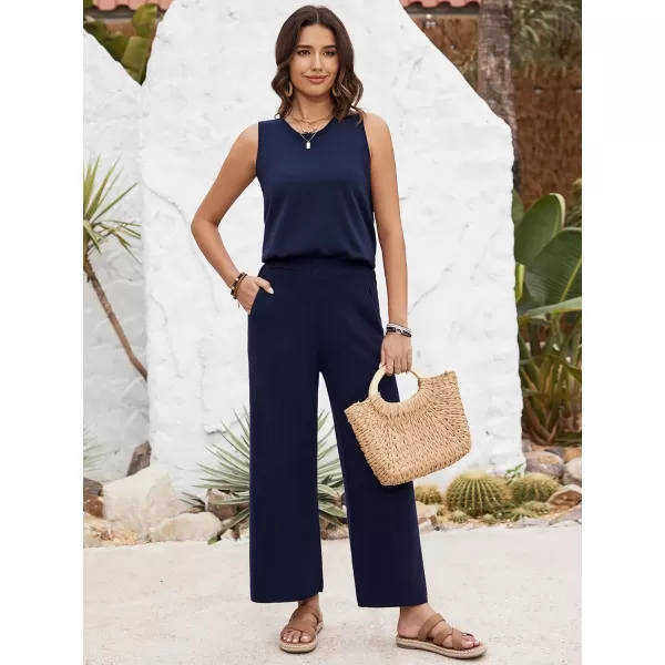 SuperPrity Two Piece Outfits for Women Summer Lounge Set Sleeveless Knit Tank Tops and Wide Leg Pants Sweater Set SweatsuitNavy Blue