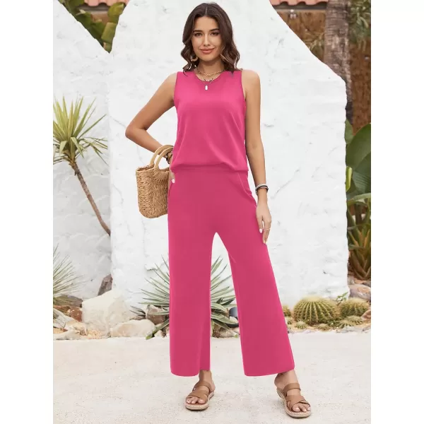 SuperPrity Two Piece Outfits for Women Summer Lounge Set Sleeveless Knit Tank Tops and Wide Leg Pants Sweater Set SweatsuitRose Red