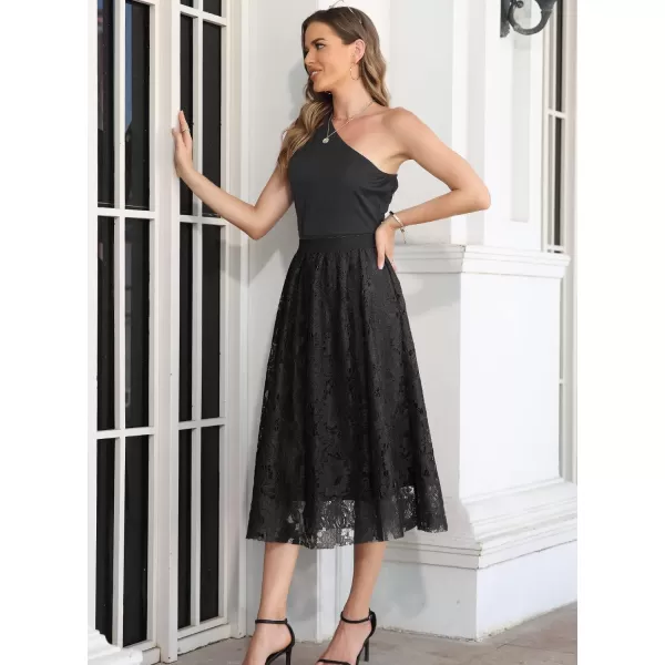 SuperPrity Women Skirts High Waist Long Skirts Elegant Two Layered Flowy Lace Aline Flared Midi Skirts001black