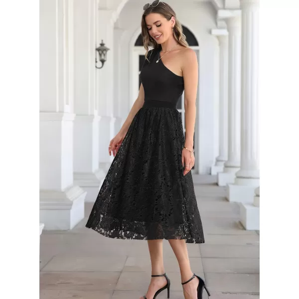 SuperPrity Women Skirts High Waist Long Skirts Elegant Two Layered Flowy Lace Aline Flared Midi Skirts001black