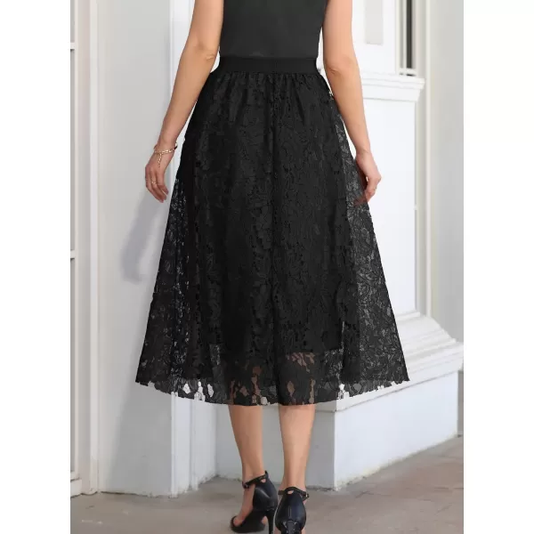 SuperPrity Women Skirts High Waist Long Skirts Elegant Two Layered Flowy Lace Aline Flared Midi Skirts001black