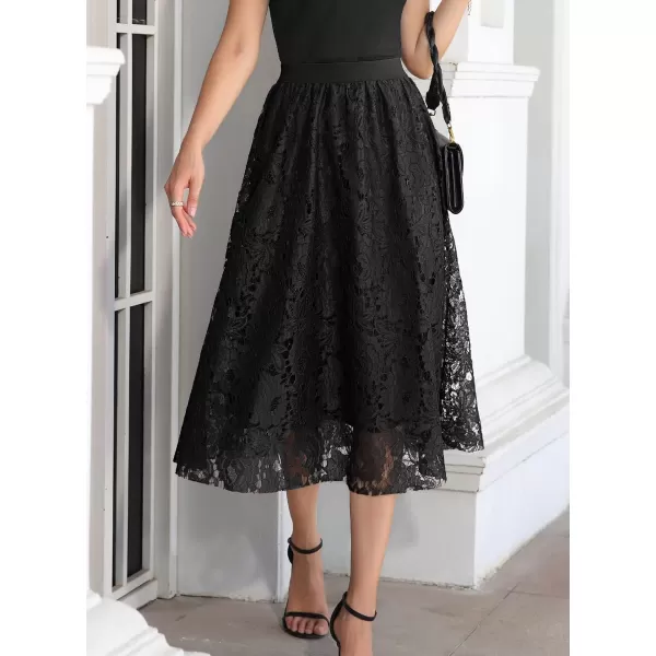 SuperPrity Women Skirts High Waist Long Skirts Elegant Two Layered Flowy Lace Aline Flared Midi Skirts001black