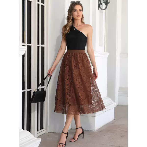 SuperPrity Women Skirts High Waist Long Skirts Elegant Two Layered Flowy Lace Aline Flared Midi Skirts01coffee Brown