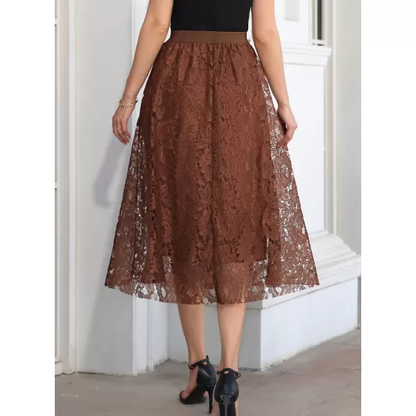 SuperPrity Women Skirts High Waist Long Skirts Elegant Two Layered Flowy Lace Aline Flared Midi Skirts01coffee Brown