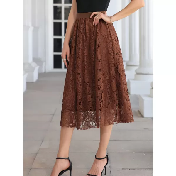 SuperPrity Women Skirts High Waist Long Skirts Elegant Two Layered Flowy Lace Aline Flared Midi Skirts01coffee Brown