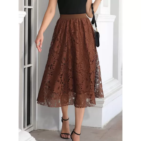 SuperPrity Women Skirts High Waist Long Skirts Elegant Two Layered Flowy Lace Aline Flared Midi Skirts01coffee Brown