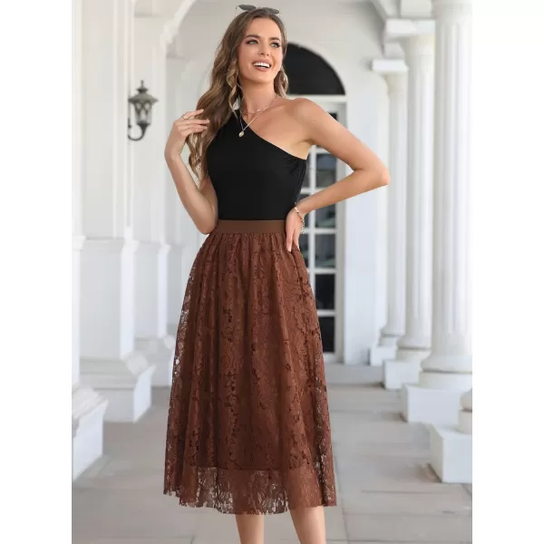 SuperPrity Women Skirts High Waist Long Skirts Elegant Two Layered Flowy Lace Aline Flared Midi Skirts01coffee Brown