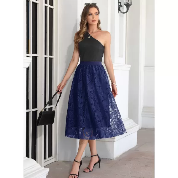 SuperPrity Women Skirts High Waist Long Skirts Elegant Two Layered Flowy Lace Aline Flared Midi Skirts03blue