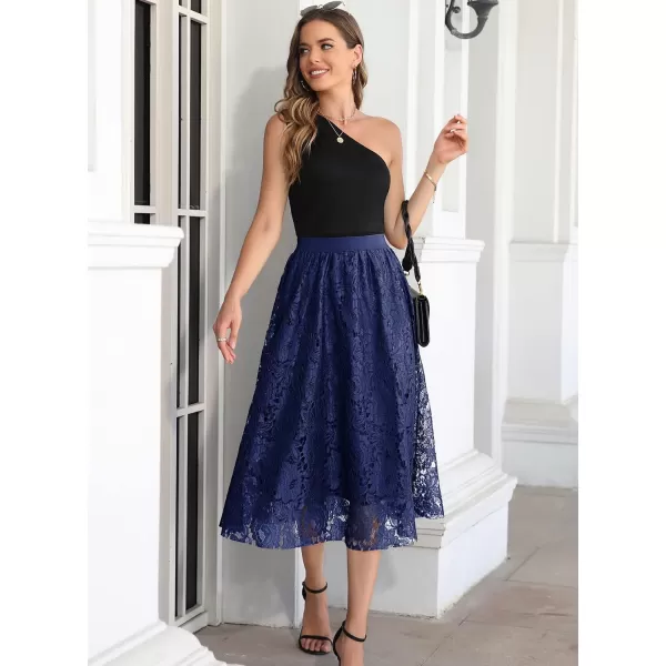 SuperPrity Women Skirts High Waist Long Skirts Elegant Two Layered Flowy Lace Aline Flared Midi Skirts03blue