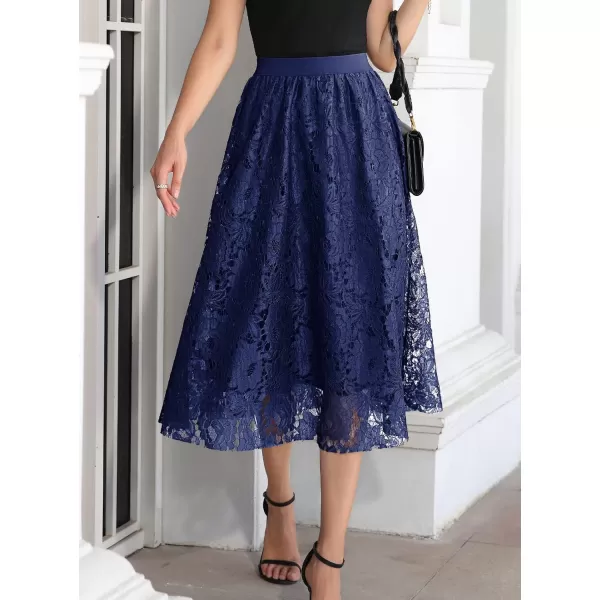 SuperPrity Women Skirts High Waist Long Skirts Elegant Two Layered Flowy Lace Aline Flared Midi Skirts03blue