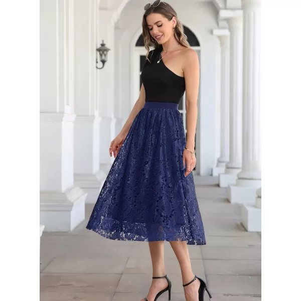 SuperPrity Women Skirts High Waist Long Skirts Elegant Two Layered Flowy Lace Aline Flared Midi Skirts03blue