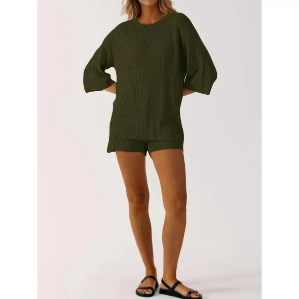 SuperPrity Women Swimsuit Coverup Set 2 Piece Crochet Hollow Out Knit 34 Sleeve Tops and Shorts Set Summer Beach OutfitsArmy Green