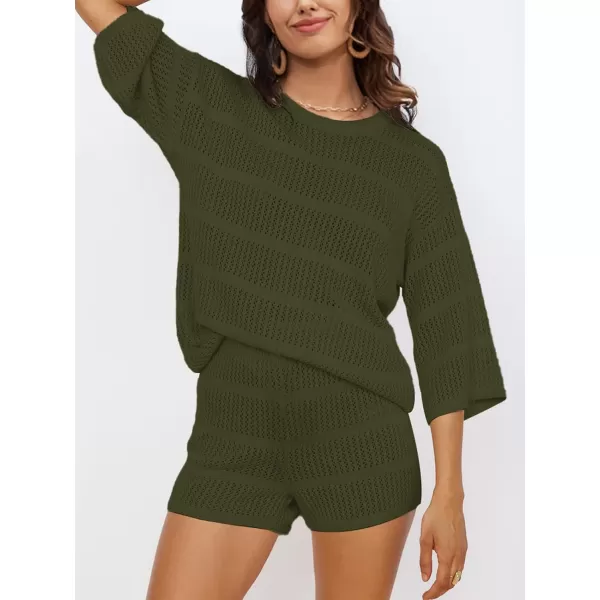 SuperPrity Women Swimsuit Coverup Set 2 Piece Crochet Hollow Out Knit 34 Sleeve Tops and Shorts Set Summer Beach OutfitsArmy Green