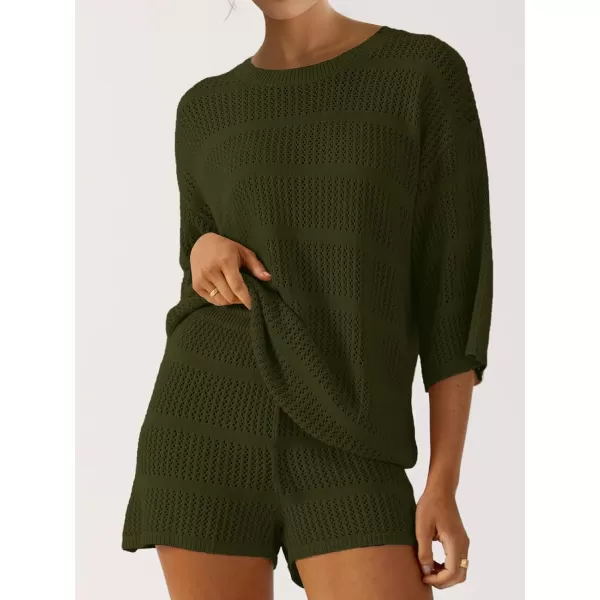 SuperPrity Women Swimsuit Coverup Set 2 Piece Crochet Hollow Out Knit 34 Sleeve Tops and Shorts Set Summer Beach OutfitsArmy Green