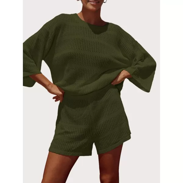 SuperPrity Women Swimsuit Coverup Set 2 Piece Crochet Hollow Out Knit 34 Sleeve Tops and Shorts Set Summer Beach OutfitsArmy Green
