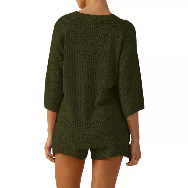 SuperPrity Women Swimsuit Coverup Set 2 Piece Crochet Hollow Out Knit 34 Sleeve Tops and Shorts Set Summer Beach OutfitsArmy Green