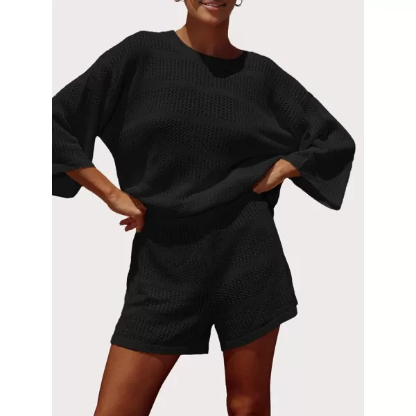 SuperPrity Women Swimsuit Coverup Set 2 Piece Crochet Hollow Out Knit 34 Sleeve Tops and Shorts Set Summer Beach OutfitsBlack