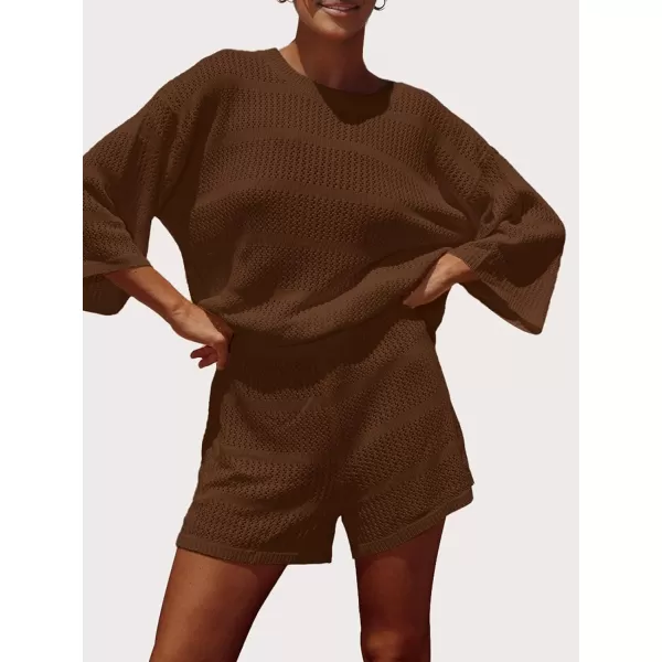 SuperPrity Women Swimsuit Coverup Set 2 Piece Crochet Hollow Out Knit 34 Sleeve Tops and Shorts Set Summer Beach OutfitsCoffee