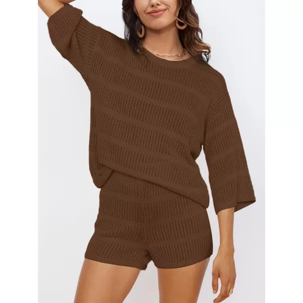 SuperPrity Women Swimsuit Coverup Set 2 Piece Crochet Hollow Out Knit 34 Sleeve Tops and Shorts Set Summer Beach OutfitsCoffee