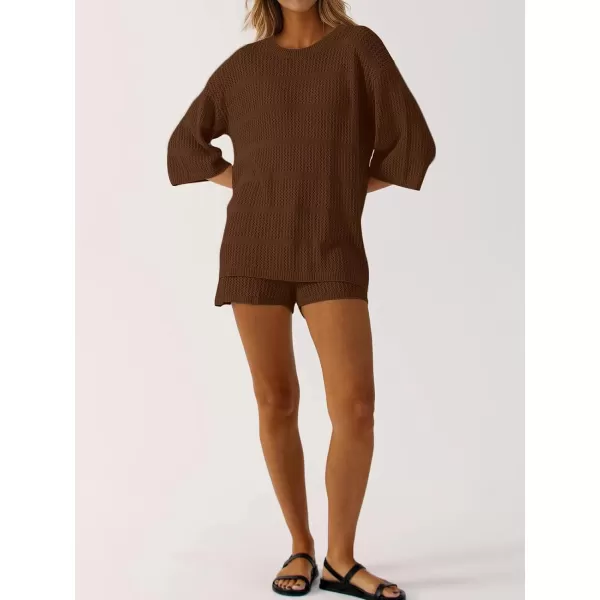 SuperPrity Women Swimsuit Coverup Set 2 Piece Crochet Hollow Out Knit 34 Sleeve Tops and Shorts Set Summer Beach OutfitsCoffee