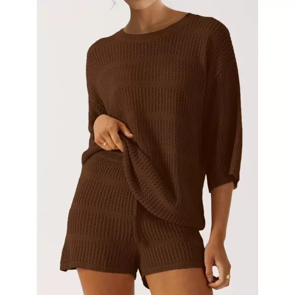 SuperPrity Women Swimsuit Coverup Set 2 Piece Crochet Hollow Out Knit 34 Sleeve Tops and Shorts Set Summer Beach OutfitsCoffee