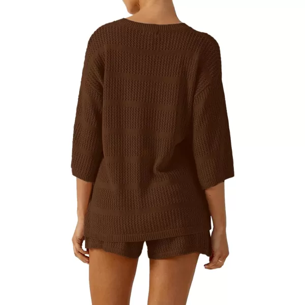 SuperPrity Women Swimsuit Coverup Set 2 Piece Crochet Hollow Out Knit 34 Sleeve Tops and Shorts Set Summer Beach OutfitsCoffee