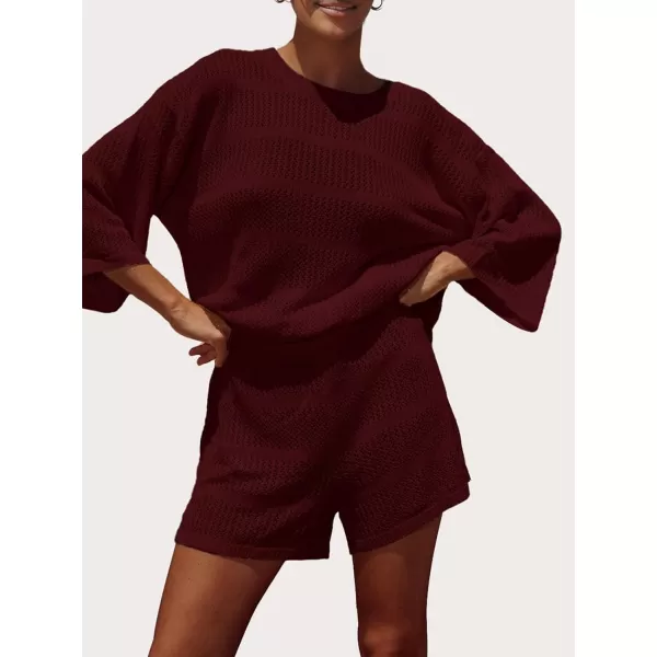 SuperPrity Women Swimsuit Coverup Set 2 Piece Crochet Hollow Out Knit 34 Sleeve Tops and Shorts Set Summer Beach OutfitsWine Red