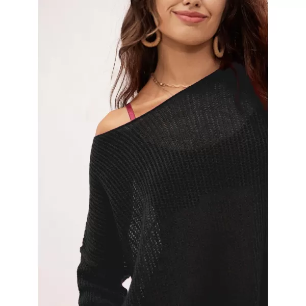 SuperPrity Women Tops Long Sleeve Crochet Knit Pullover Sweater Summer See Through Hollow Out Side Split Cover UpBlack