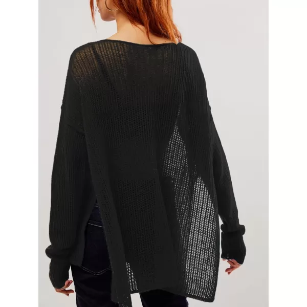 SuperPrity Women Tops Long Sleeve Crochet Knit Pullover Sweater Summer See Through Hollow Out Side Split Cover UpBlack