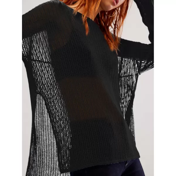 SuperPrity Women Tops Long Sleeve Crochet Knit Pullover Sweater Summer See Through Hollow Out Side Split Cover UpBlack