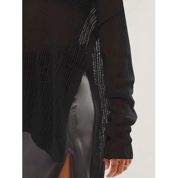 SuperPrity Women Tops Long Sleeve Crochet Knit Pullover Sweater Summer See Through Hollow Out Side Split Cover UpBlack