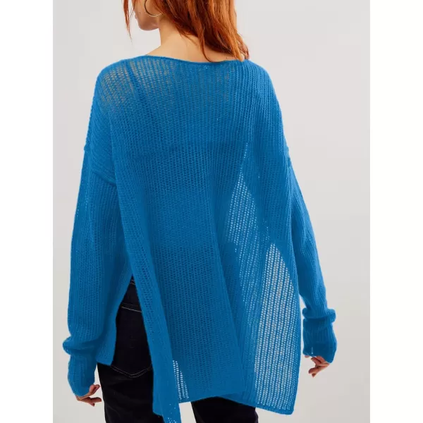 SuperPrity Women Tops Long Sleeve Crochet Knit Pullover Sweater Summer See Through Hollow Out Side Split Cover UpBlue