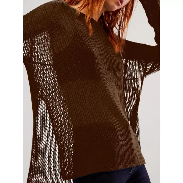 SuperPrity Women Tops Long Sleeve Crochet Knit Pullover Sweater Summer See Through Hollow Out Side Split Cover UpCoffee