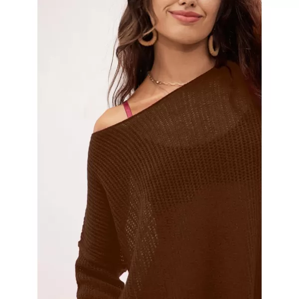 SuperPrity Women Tops Long Sleeve Crochet Knit Pullover Sweater Summer See Through Hollow Out Side Split Cover UpCoffee