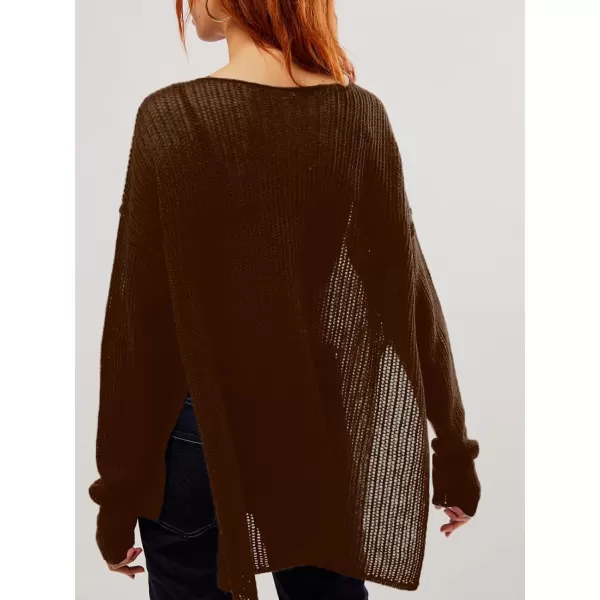 SuperPrity Women Tops Long Sleeve Crochet Knit Pullover Sweater Summer See Through Hollow Out Side Split Cover UpCoffee
