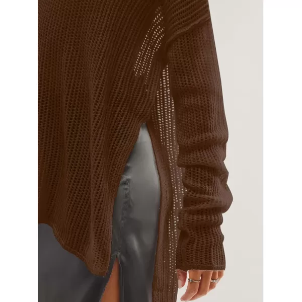 SuperPrity Women Tops Long Sleeve Crochet Knit Pullover Sweater Summer See Through Hollow Out Side Split Cover UpCoffee