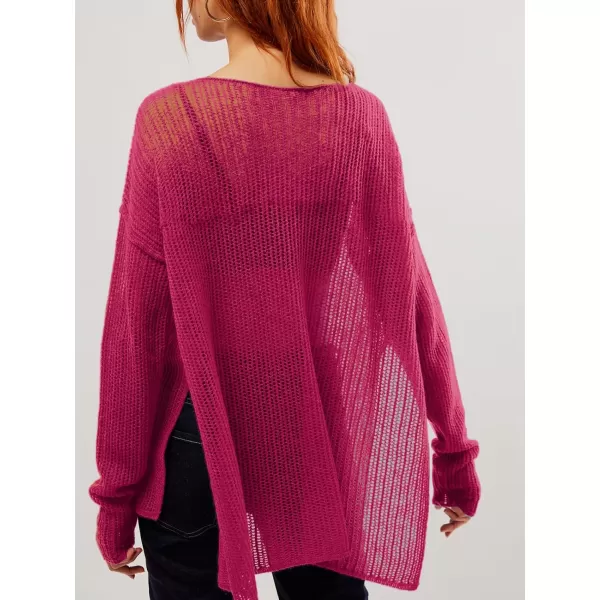 SuperPrity Women Tops Long Sleeve Crochet Knit Pullover Sweater Summer See Through Hollow Out Side Split Cover UpRose Red