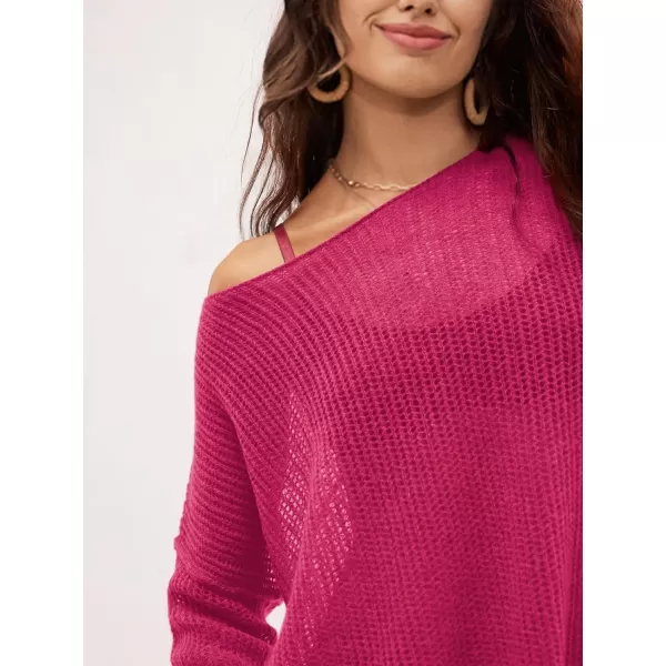 SuperPrity Women Tops Long Sleeve Crochet Knit Pullover Sweater Summer See Through Hollow Out Side Split Cover UpRose Red