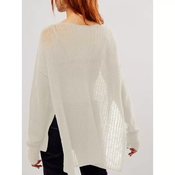 SuperPrity Women Tops Long Sleeve Crochet Knit Pullover Sweater Summer See Through Hollow Out Side Split Cover UpWhite