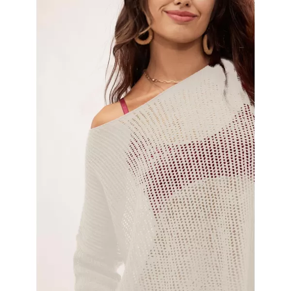 SuperPrity Women Tops Long Sleeve Crochet Knit Pullover Sweater Summer See Through Hollow Out Side Split Cover UpWhite