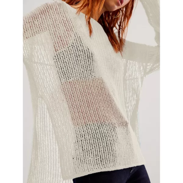 SuperPrity Women Tops Long Sleeve Crochet Knit Pullover Sweater Summer See Through Hollow Out Side Split Cover UpWhite