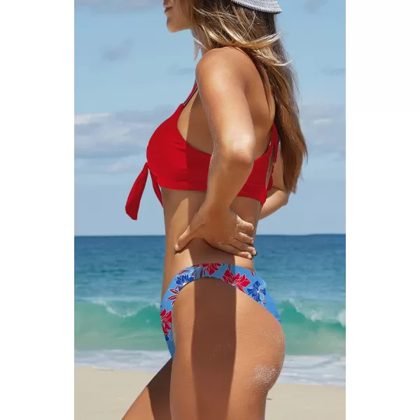 SuperPrity Womens V Neck Tie Knot Front Bikini Set Cross Back Low Waisted Two Piece Swimsuit01red Floral