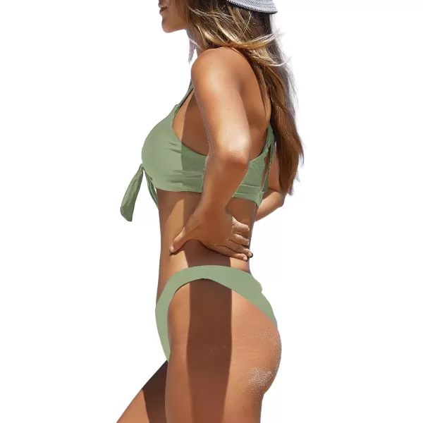 SuperPrity Womens V Neck Tie Knot Front Bikini Set Cross Back Low Waisted Two Piece SwimsuitArmy Green