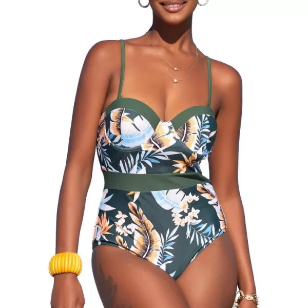 SouqFone One Piece Bathing Suits for Women Tummy Control Monokini Swimsuits10tropical Leaf