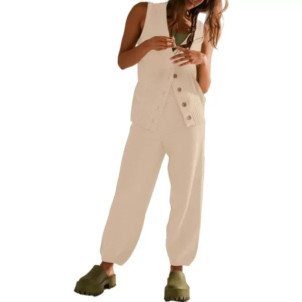 SuperPrity 2 Piece Outfits for Women Summer V Neck Sleeveless Knit Button Tank Tops and Wide Leg Pants Lounge Sets TracksuitApricot