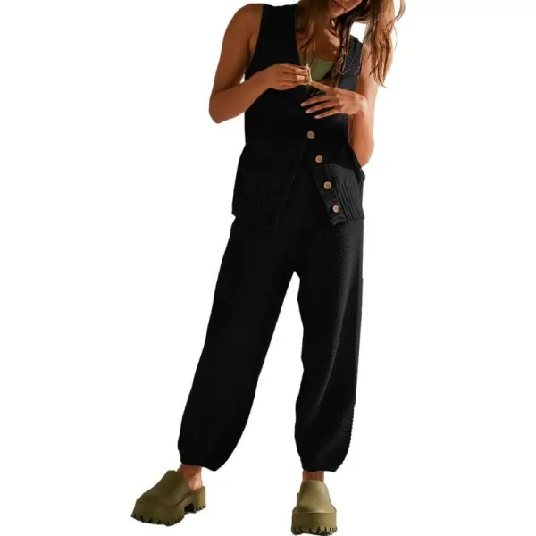 SuperPrity 2 Piece Outfits for Women Summer V Neck Sleeveless Knit Button Tank Tops and Wide Leg Pants Lounge Sets TracksuitBlack